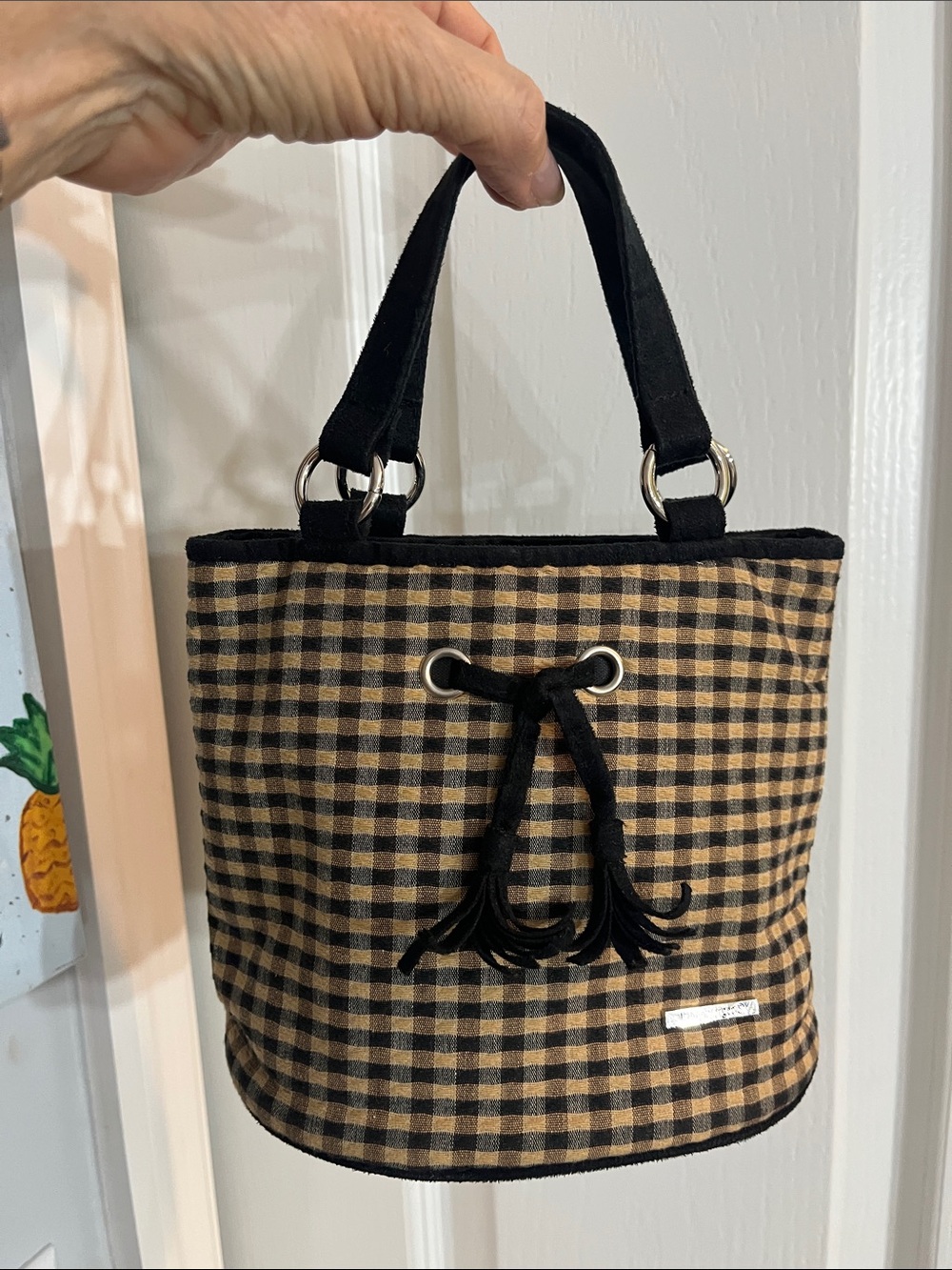 Longaberger Black and Tan Gingham Mini Bucket Bag